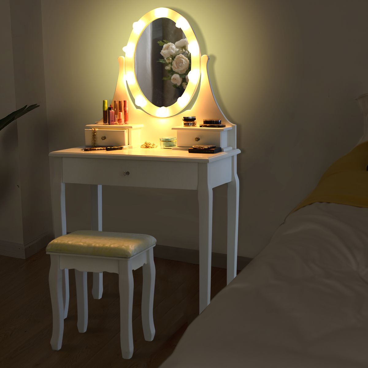 Dressing Table Set with Rose Shaped LED Lights and Cushioned Stool
